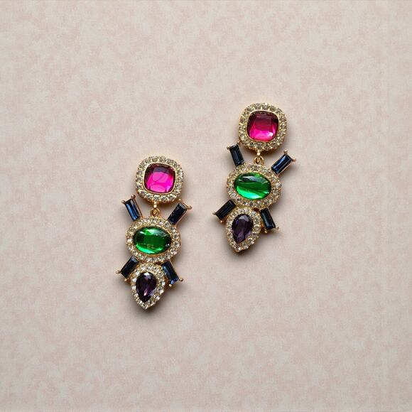 Multi-Color Jeweled Gem Statement Dangle Earrings – Gold Tone Rhinestone Drops - Picture 3 of 12